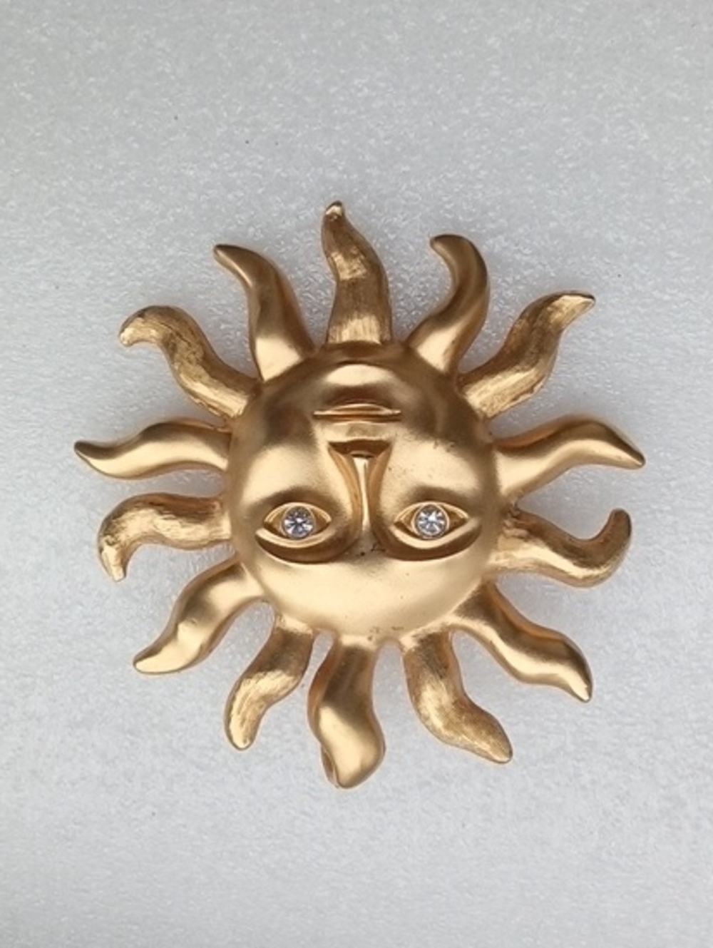 Vintage AVON Gold Tone Celestial Sun Face Brooch, Wavy Rays And Clear Rhinestone
